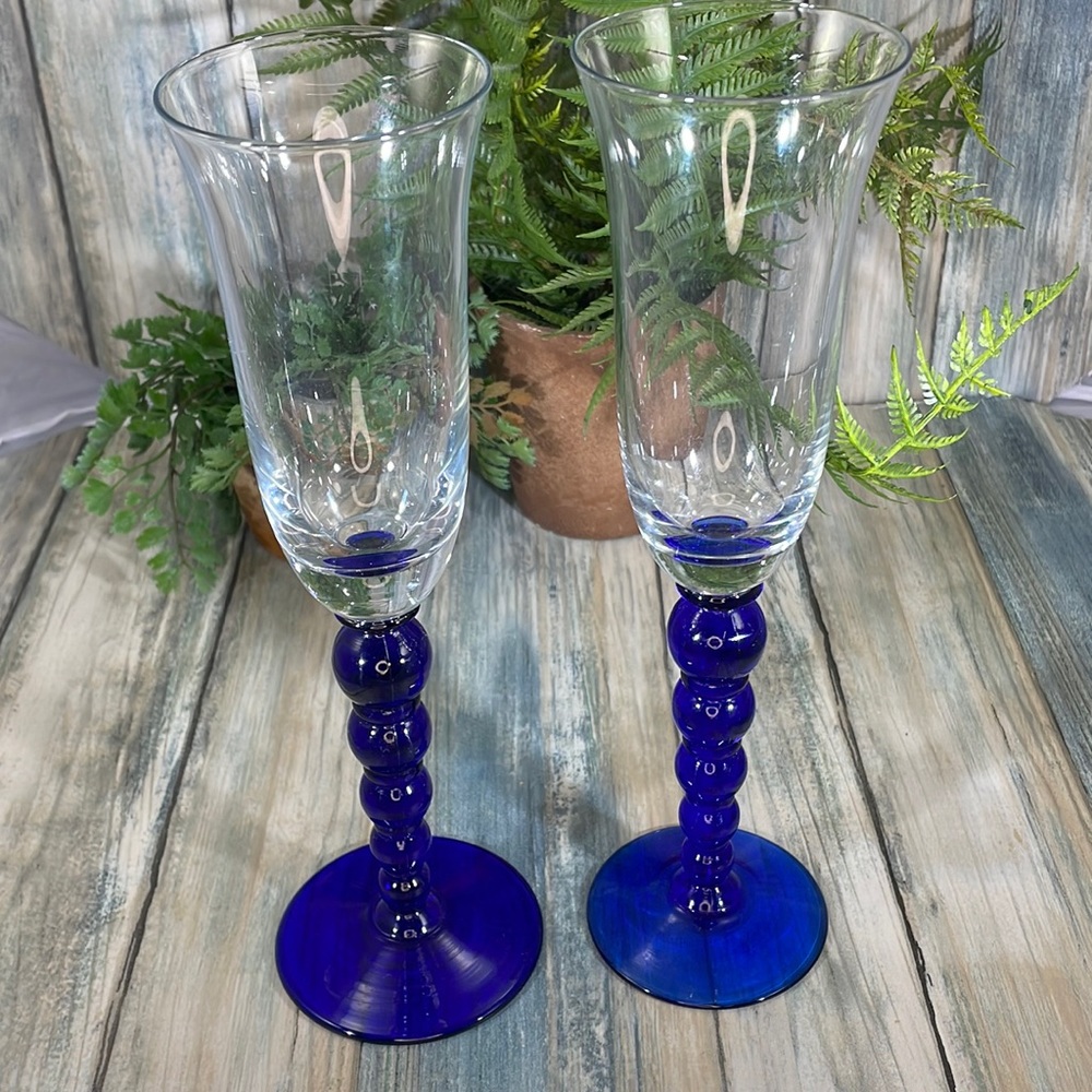 Rare Cristal De Paris cobalt bubbles stem champagne flutes 2 pc lot